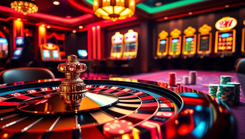 Engage with thrilling games at 8qbet's stunning online casino interface filled with vibrant slot machines and a roulette wheel.