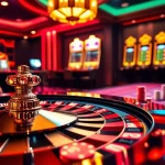 Engage with thrilling games at 8qbet's stunning online casino interface filled with vibrant slot machines and a roulette wheel.