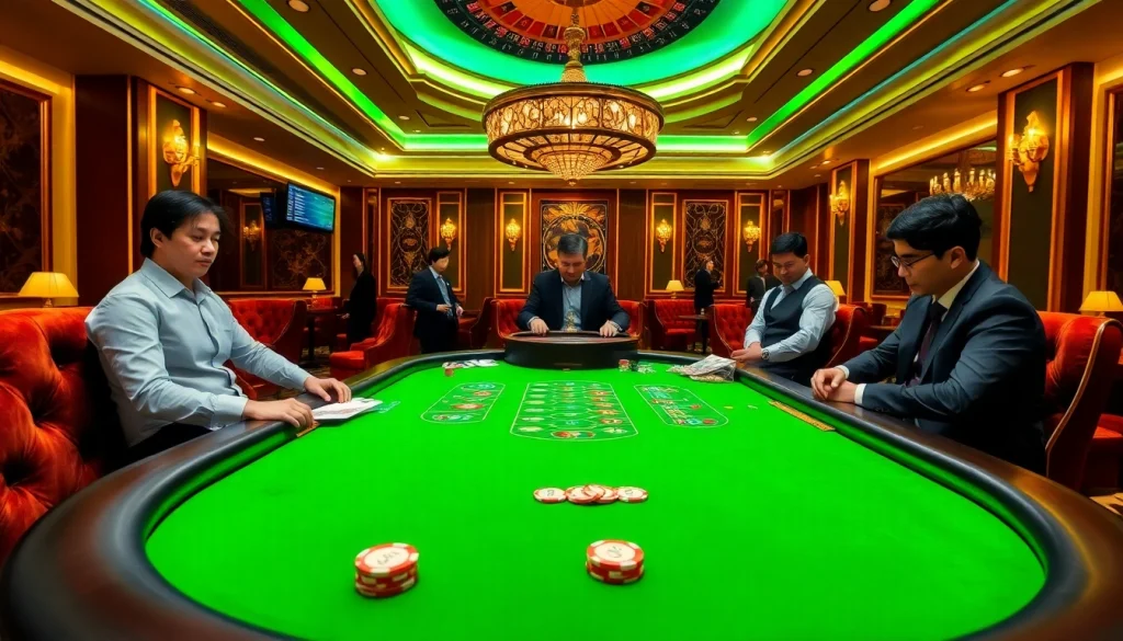 Experienced players engaging in poker at i9bet's luxurious casino.