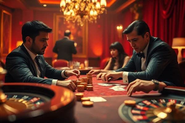 Engaging poker scene with players strategizing around hidden wiki links.