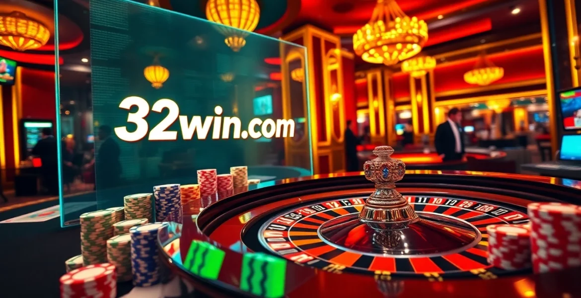 Experience the thrill of online gambling at 32win.com with exciting roulette, chips, and a luxurious casino setting.