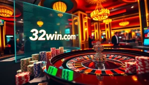 Experience the thrill of online gambling at 32win.com with exciting roulette, chips, and a luxurious casino setting.