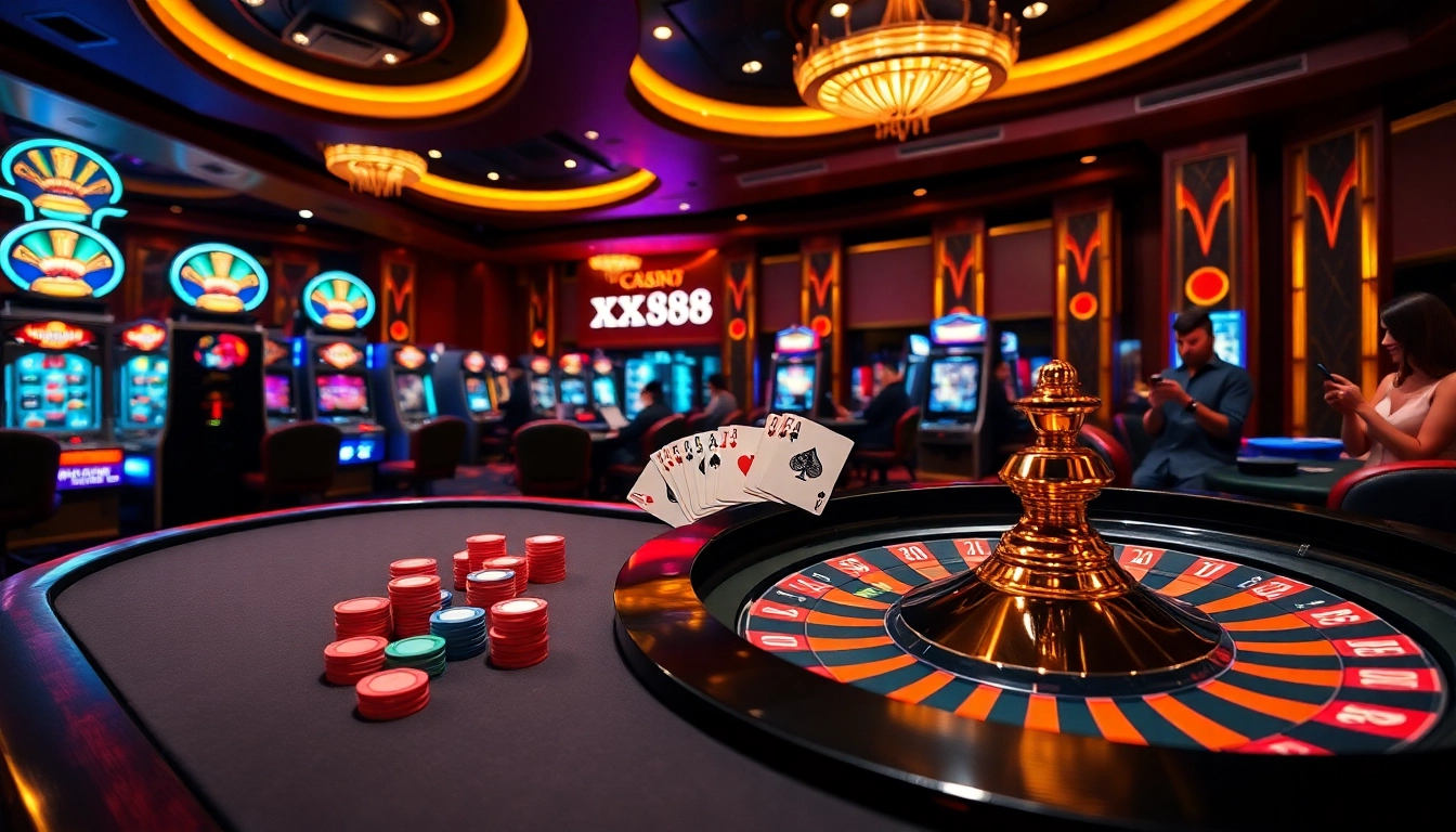 Experience the excitement of XX 88 with vibrant casino games and players engaged in fun.
