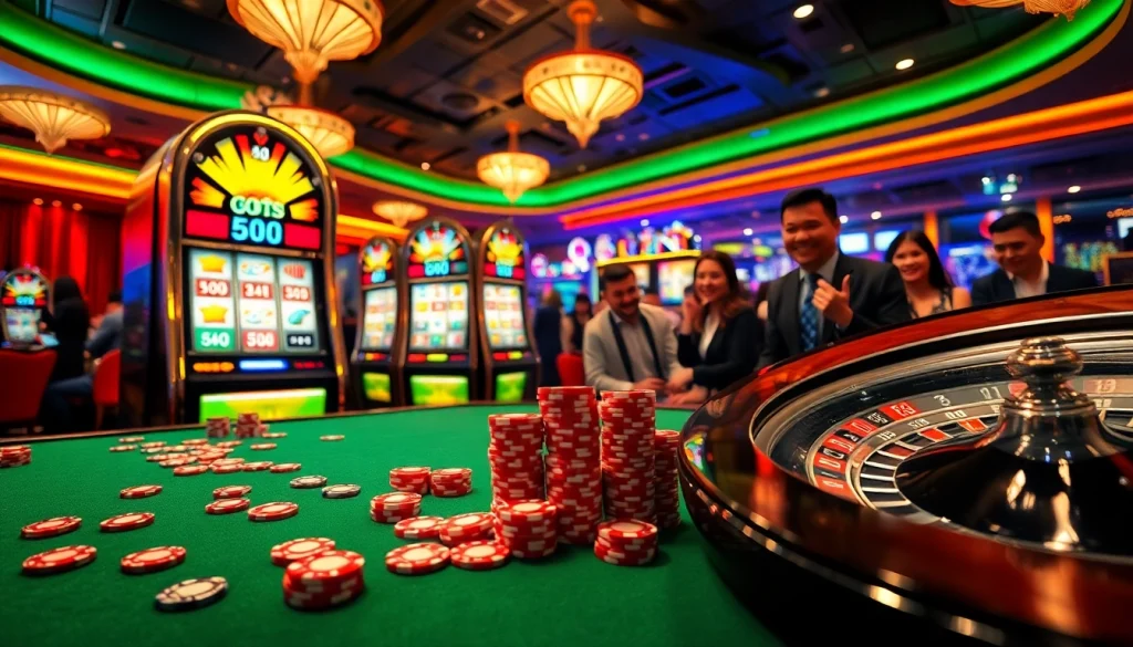 Experience the thrill of 'slot api raja 88' with vibrant slot machines and excited players in a luxurious casino setting.