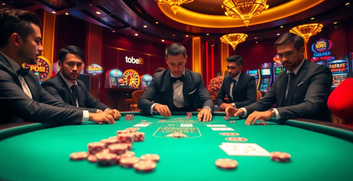 Players enjoy an exciting poker game at tobet88 with vibrant casino elements and professional atmosphere.