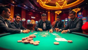 Players enjoy an exciting poker game at tobet88 with vibrant casino elements and professional atmosphere.