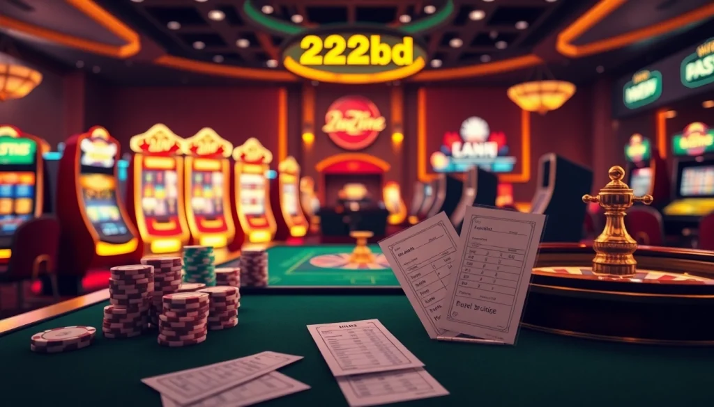 Experience thrilling wins with the 222bd app, featuring vibrant slot machines and elegant casino elements.