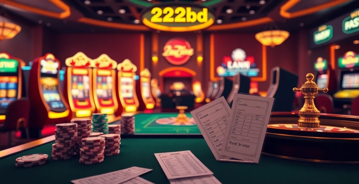 Experience thrilling wins with the 222bd app, featuring vibrant slot machines and elegant casino elements.