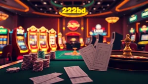 Experience thrilling wins with the 222bd app, featuring vibrant slot machines and elegant casino elements.
