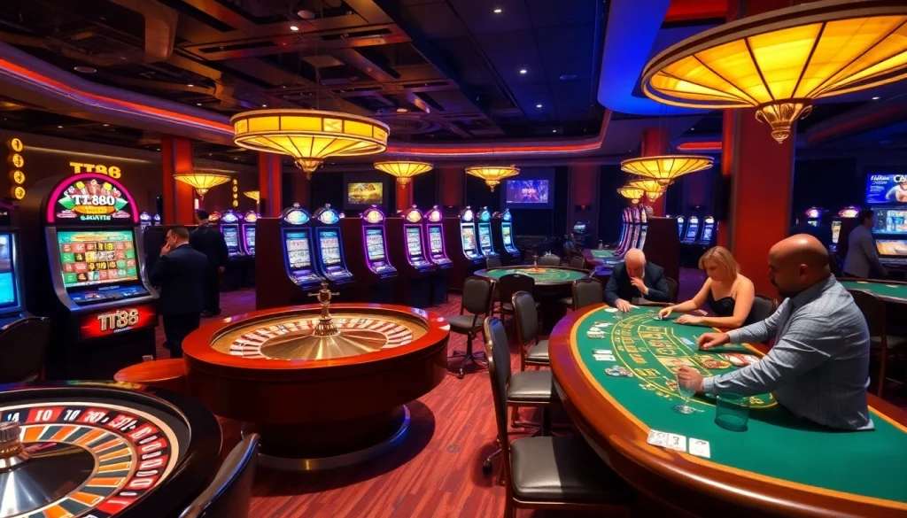 Experience excitement at the TT88 casino with vibrant slot machines and roulette wheels.
