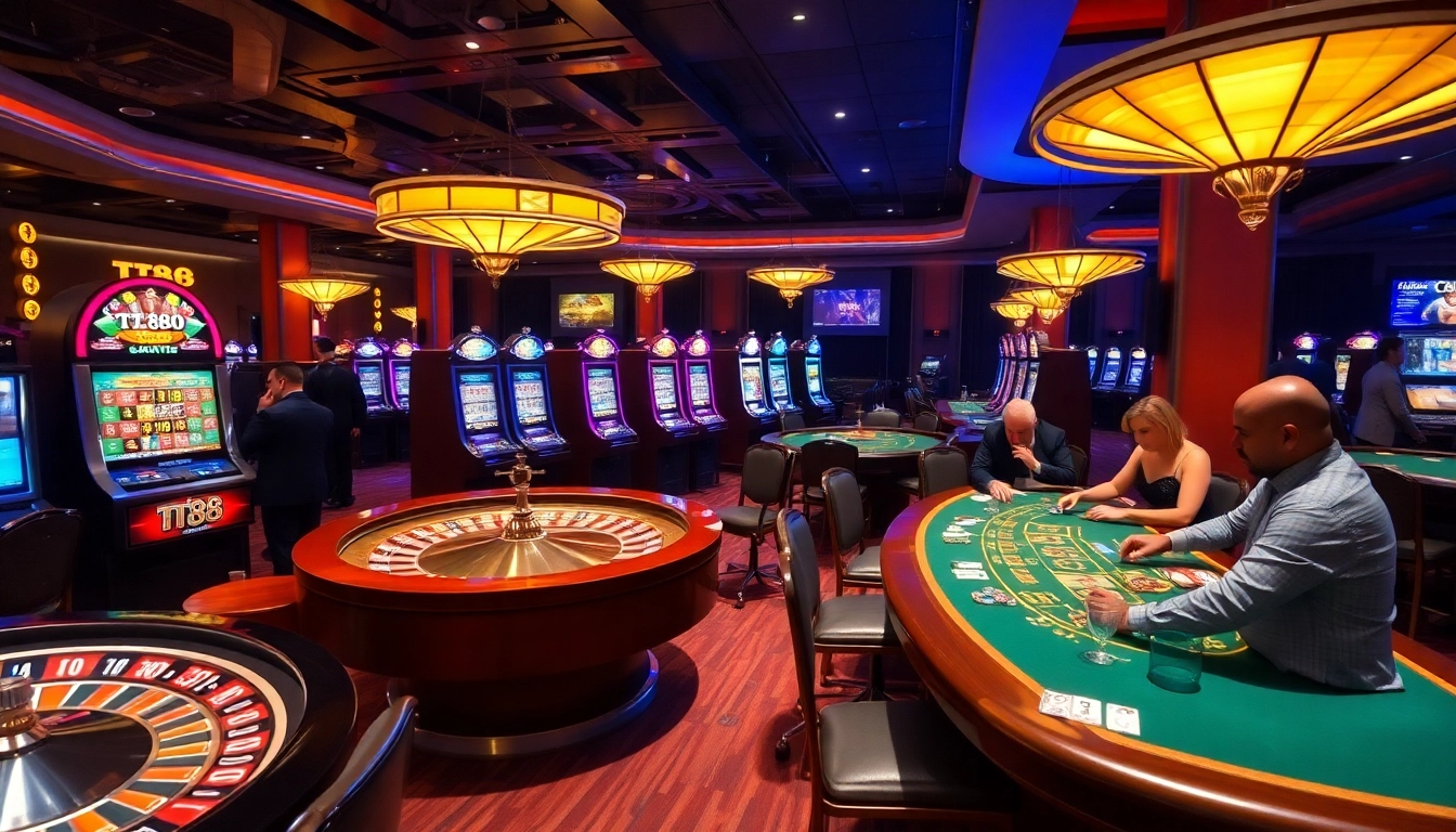 Experience excitement at the TT88 casino with vibrant slot machines and roulette wheels.