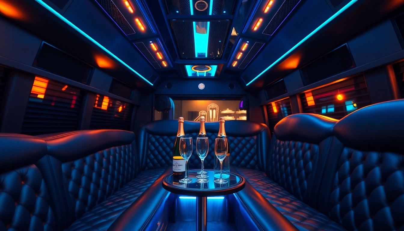 Luxurious interior of a professional party bus company with elegant seating and ambiance.