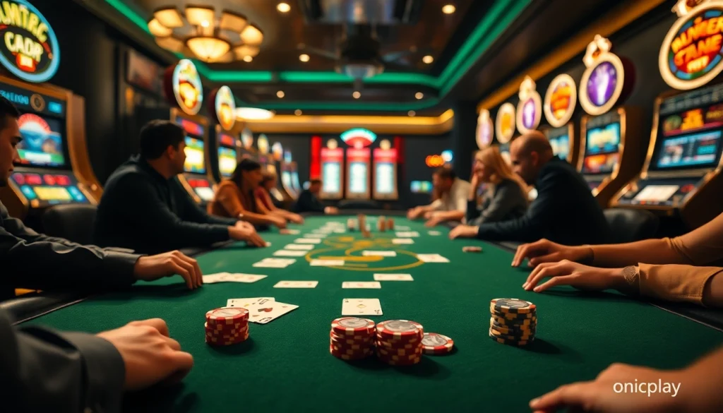 Players enjoying a thrilling poker game at an upscale onicplay casino table.