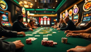 Players enjoying a thrilling poker game at an upscale onicplay casino table.