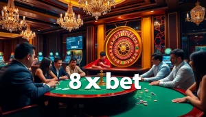Experience the excitement of gaming at 8xbet.com with players engaged at a luxurious poker table.