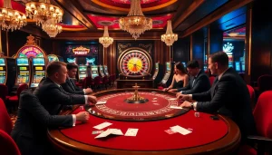 Engaged players at a stylish casino table experience the thrill of betting at https://j88com.today/ with chips and cards.