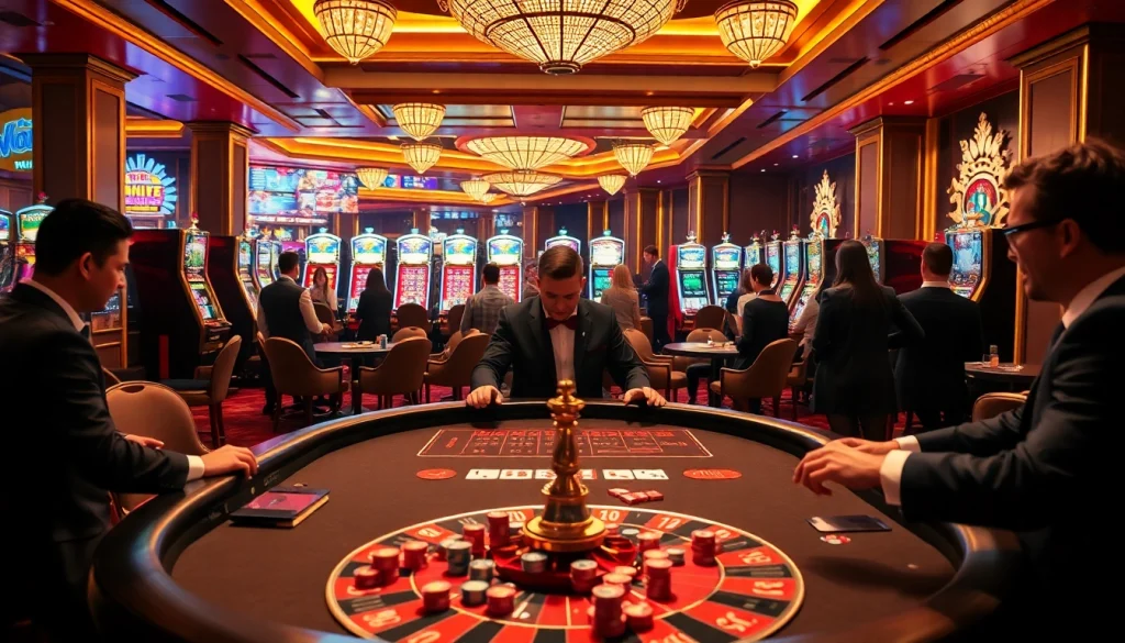 Players betting at a luxurious casino table featuring elements from https://fc88.football/ with colorful chips and a vibrant atmosphere.