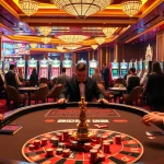 Players betting at a luxurious casino table featuring elements from https://fc88.football/ with colorful chips and a vibrant atmosphere.