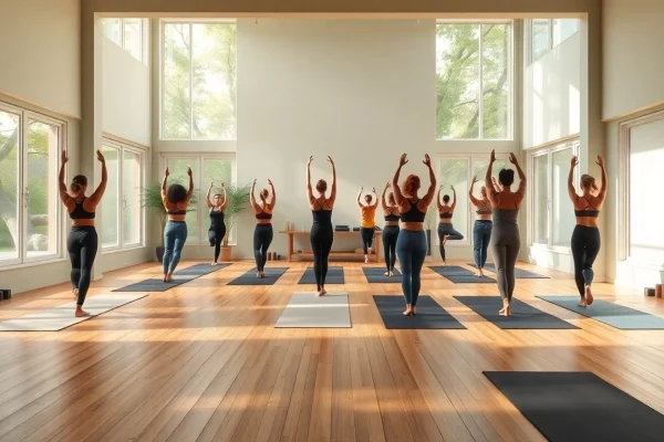 静かなヨガスタジオで多様な実践者がいる場面を描いたホットヨガ おすすめ