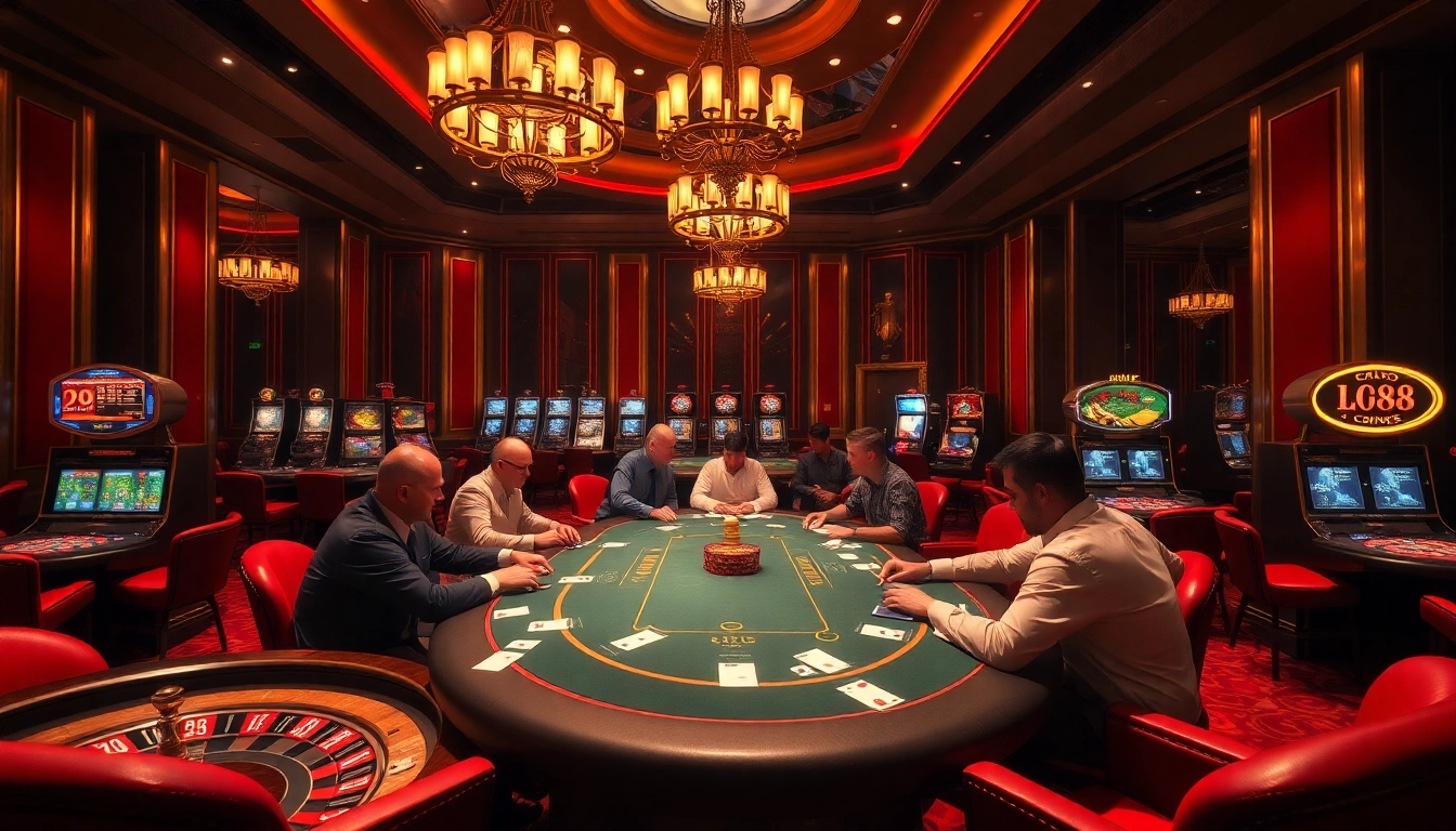 Experience the excitement of a luxurious casino scene featuring LC88 gaming elements and players at the poker table.