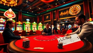 Players engaging at the LC88 poker table in a vibrant casino atmosphere