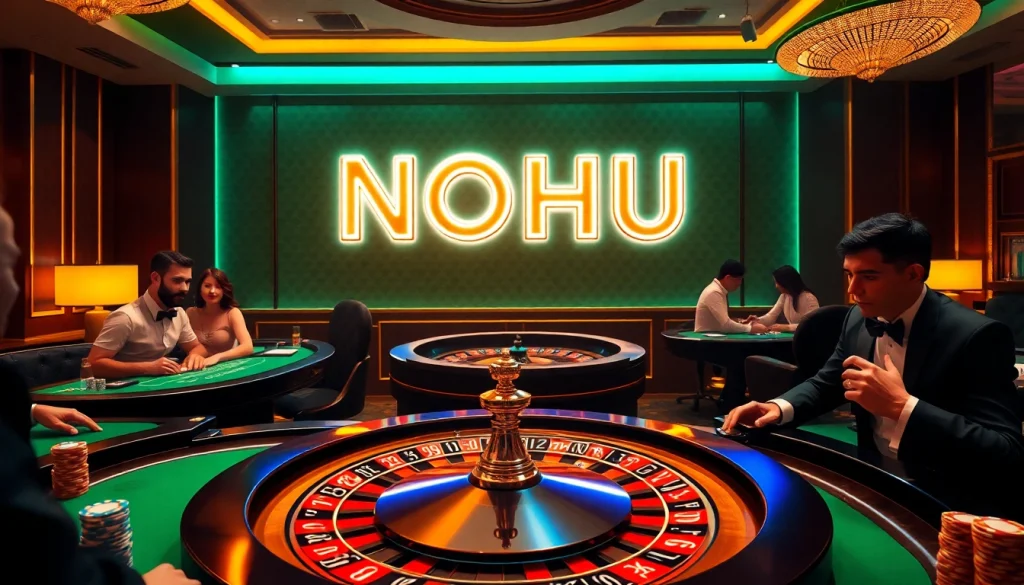 Experience vibrant excitement at NOHU with players at a roulette table amidst luxurious casino ambiance.