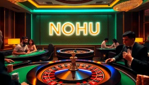 Experience vibrant excitement at NOHU with players at a roulette table amidst luxurious casino ambiance.