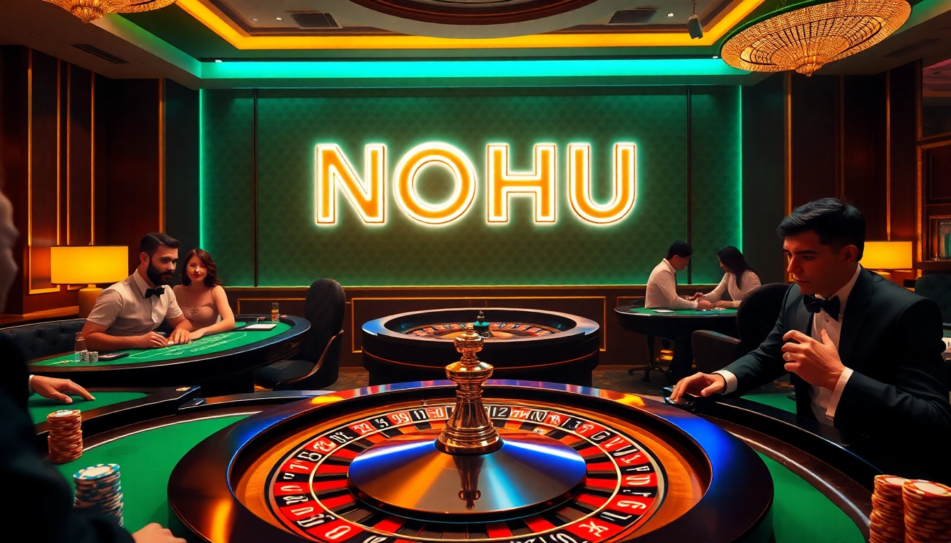 Experience vibrant excitement at NOHU with players at a roulette table amidst luxurious casino ambiance.