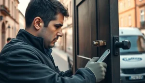 Wiesbaden-Schlüsseldienst öffnet effizient eine Tür mit professionellen Werkzeugen.