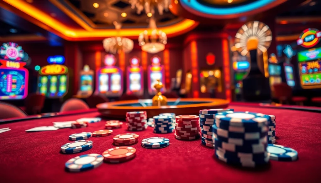 Experience the excitement of LUCKY88 with vibrant casino tables, poker chips, and captivating slot machines.