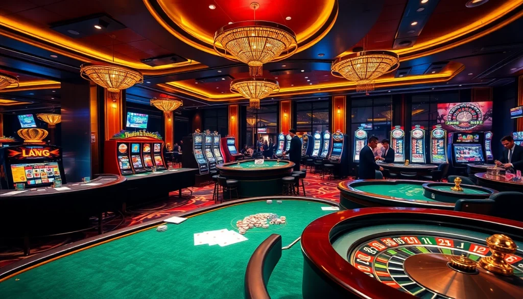 Exciting gaming atmosphere at OK365 with poker tables and vibrant slot machines.