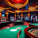 Exciting gaming atmosphere at OK365 with poker tables and vibrant slot machines.