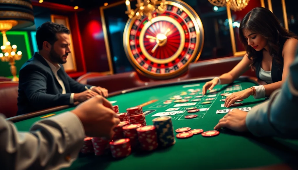 TT88 poker players strategizing around a vibrant table in an upscale casino.