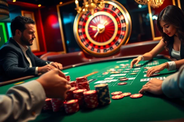 TT88 poker players strategizing around a vibrant table in an upscale casino.