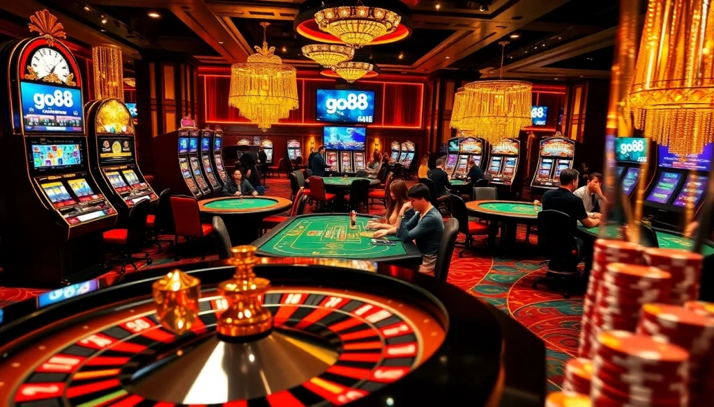 Players enjoying a lively casino atmosphere featuring go88 gaming tables and exciting slot machines.