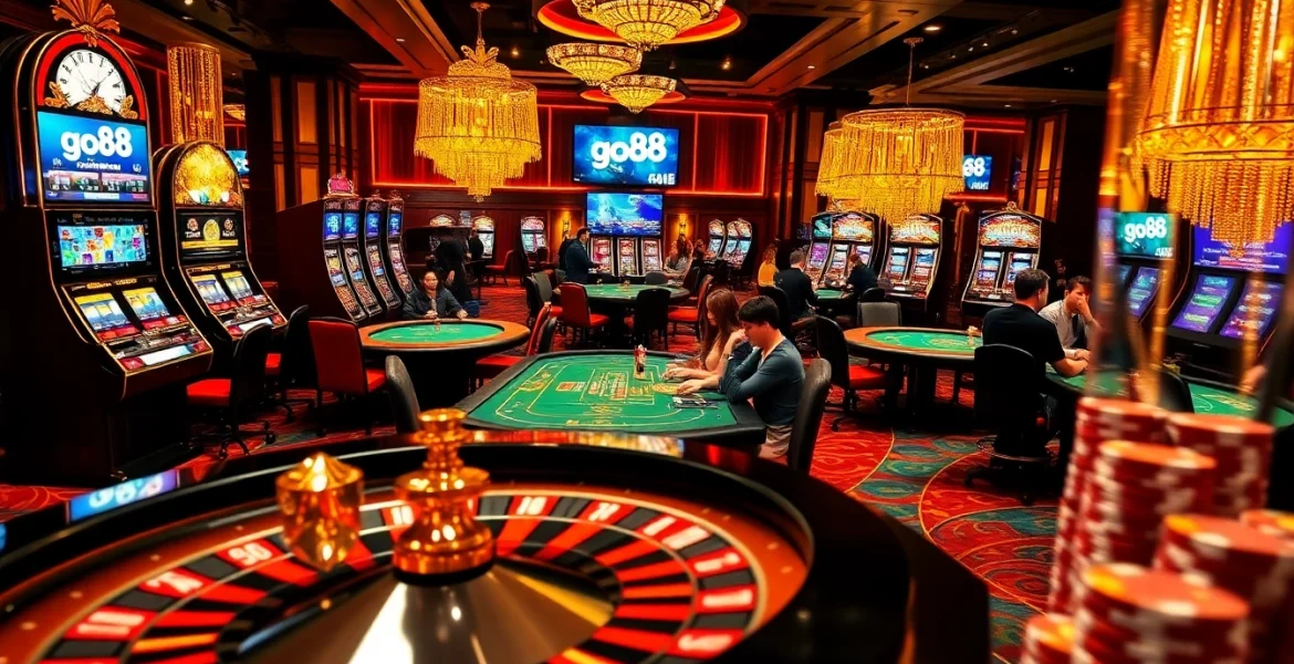 Players enjoying a lively casino atmosphere featuring go88 gaming tables and exciting slot machines.