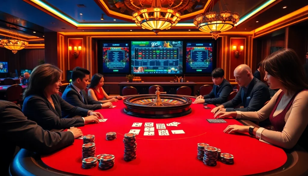 Players at a go8 casino table engaged in a thrilling poker game with vibrant chips and cards.