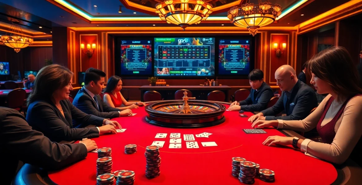 Players at a go8 casino table engaged in a thrilling poker game with vibrant chips and cards.