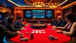 Players at a go8 casino table engaged in a thrilling poker game with vibrant chips and cards.