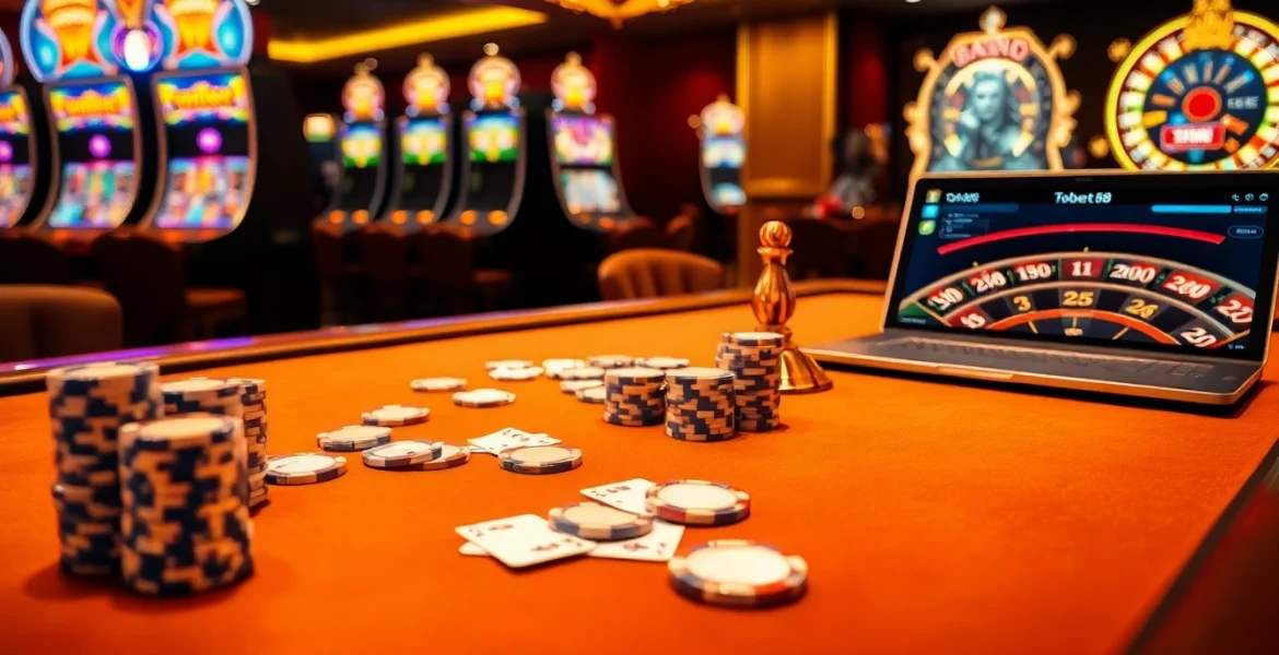 Tobet88 gaming table with poker chips and slot machines creating a luxurious casino atmosphere.