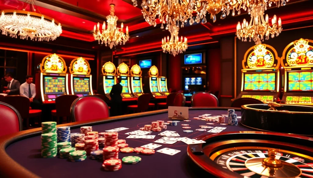 A glamorous poker scene at https://nohu900.in.net/ with colorful chips, cards, and a roulette wheel, illustrating the thrill of online gambling.