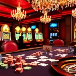 A glamorous poker scene at https://nohu900.in.net/ with colorful chips, cards, and a roulette wheel, illustrating the thrill of online gambling.