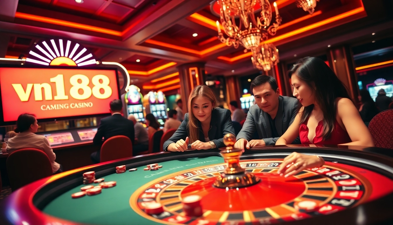 Experience the excitement of gambling with vn168 đăng nhập at a vibrant casino scene filled with roulette and poker.