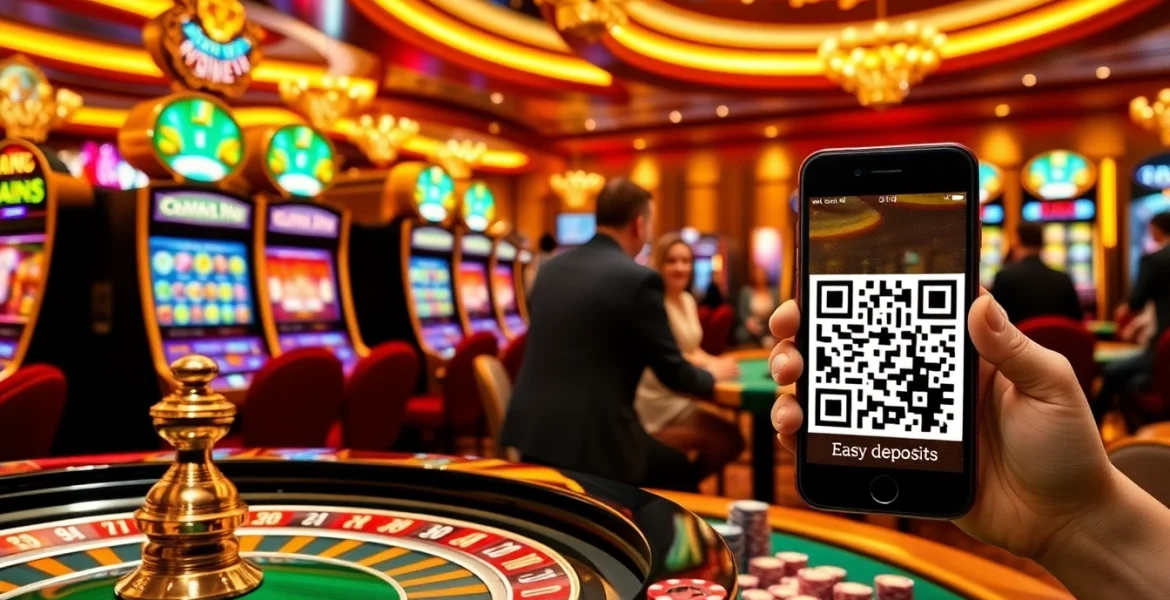 Pemain yang bersemangat meraih kemenangan di mesin slot Depo 1K terbaru dalam suasana kasino yang hidup.