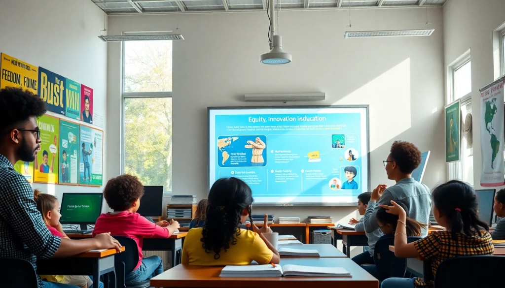 Education advocates fostering collaborative learning in a diverse classroom setting.