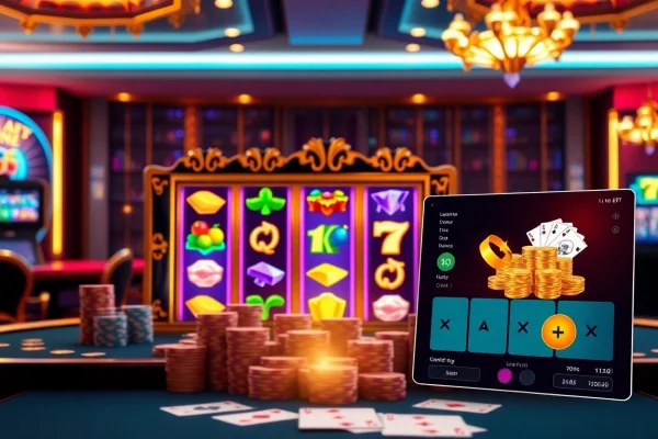 Pemain meraih kemenangan besar di Utama4D pada mesin slot mewah di suasana kasino yang glamor.