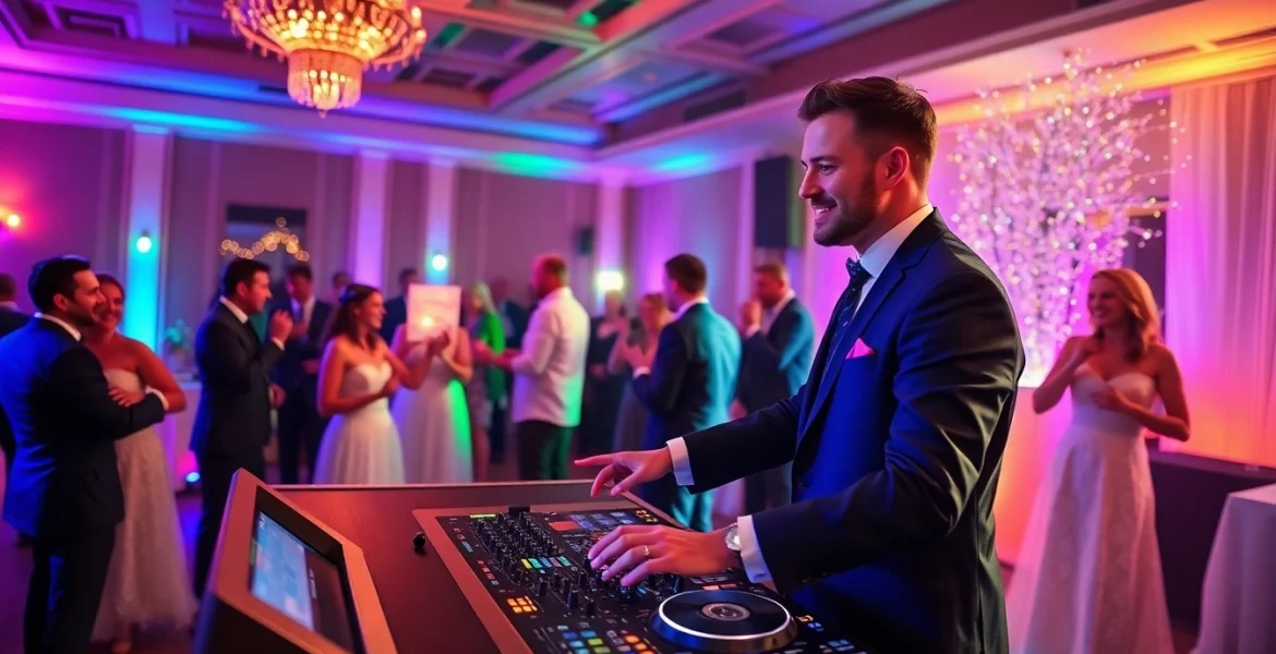 Sydney wedding DJ engaging guests with lively music at a wedding reception, showcasing a vibrant atmosphere.