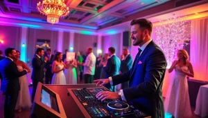 Sydney wedding DJ engaging guests with lively music at a wedding reception, showcasing a vibrant atmosphere.