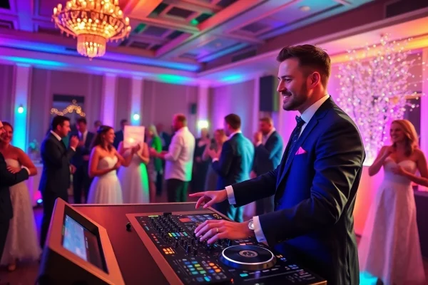 Sydney wedding DJ engaging guests with lively music at a wedding reception, showcasing a vibrant atmosphere.