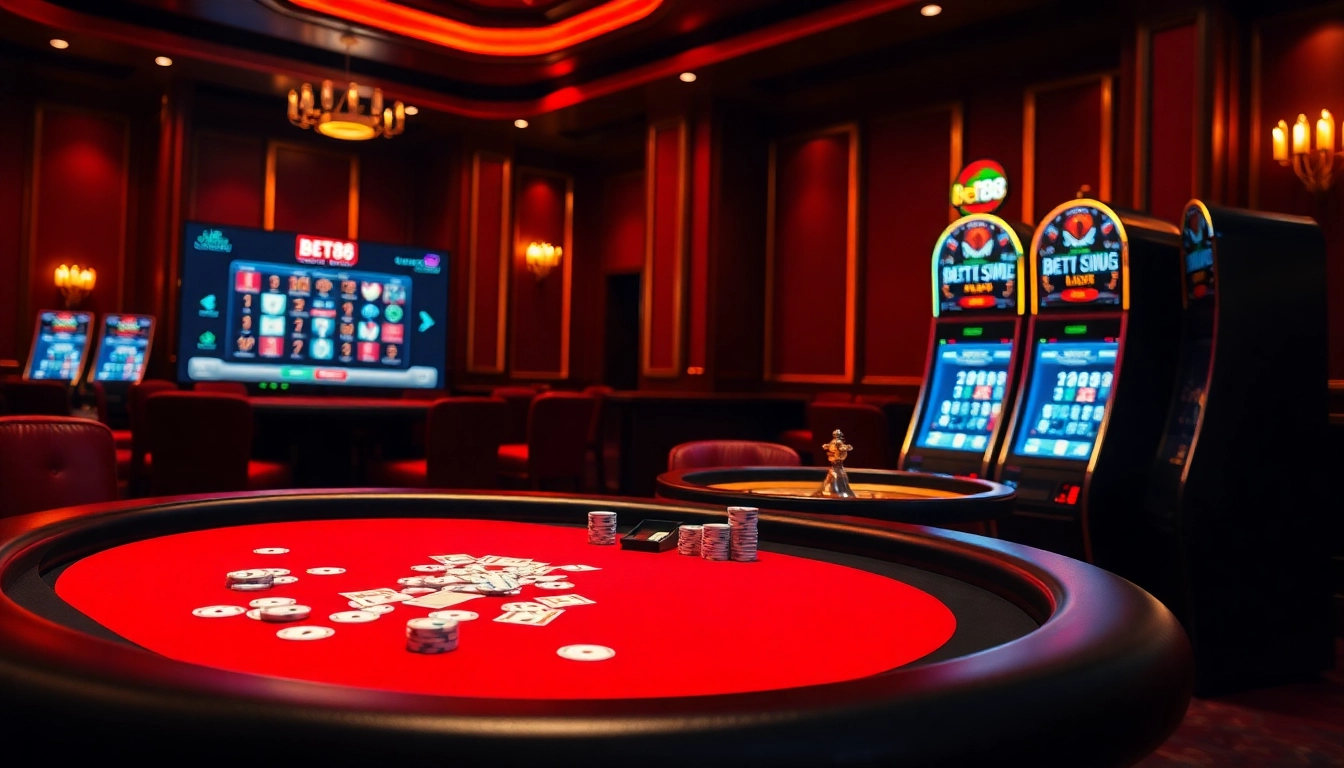 Experience high-stakes thrills with Bet88 at a luxurious online casino featuring poker chips, a roulette wheel, and vibrant lights.